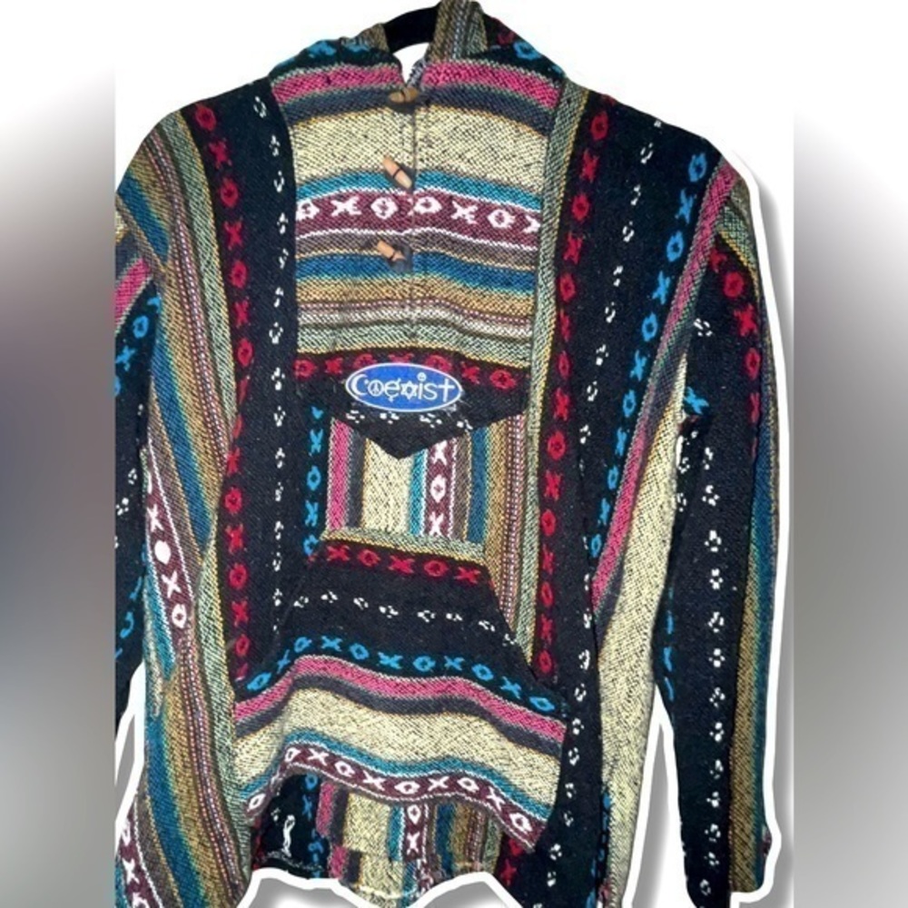 Mexican Baja Hoodie Striped Hippie Drug Rug Poncho Hoodie | Multicolor